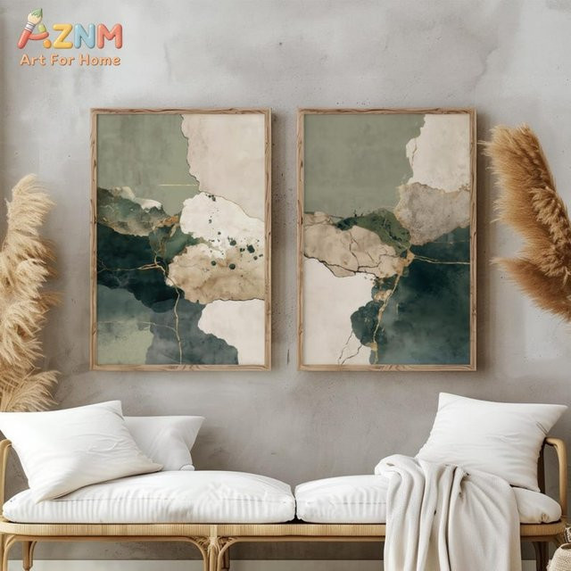 AZNM Abstrakter Leinwanddruck in Salbeigrün, Beige und Gold, Moderne Aquarell-Wandkunst im Japandi-Stil - Bild 1