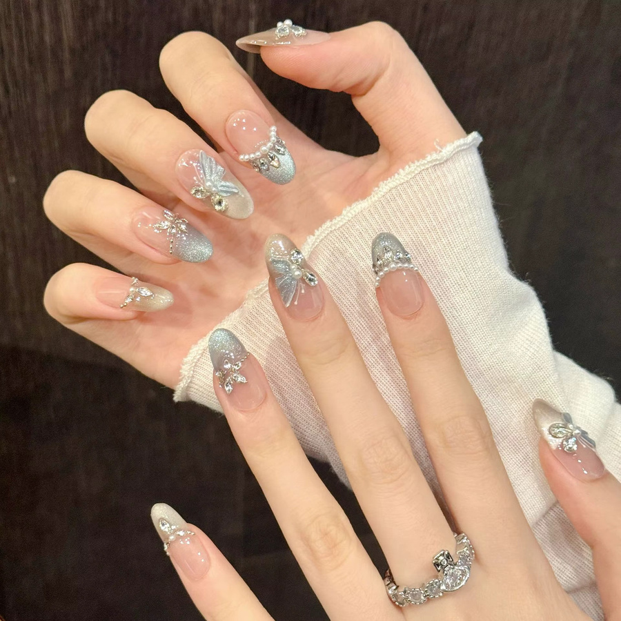 YADORNOS Press On Nails, Blau, Schmetterling & Strass, 10 Stück, Damen - Bild 3