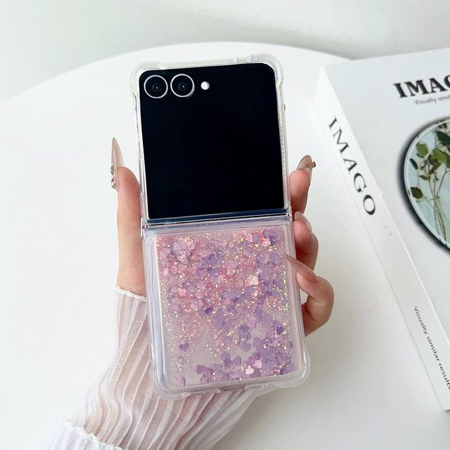 Luxus Quicksand Glitzer Herz Schutzhülle für Samsung Galaxy Z Flip 7 6 5 4 3 in Transparent Multicolour mit Bling Stern Design und stoßfester Airbag Stoßstange - Bild 1