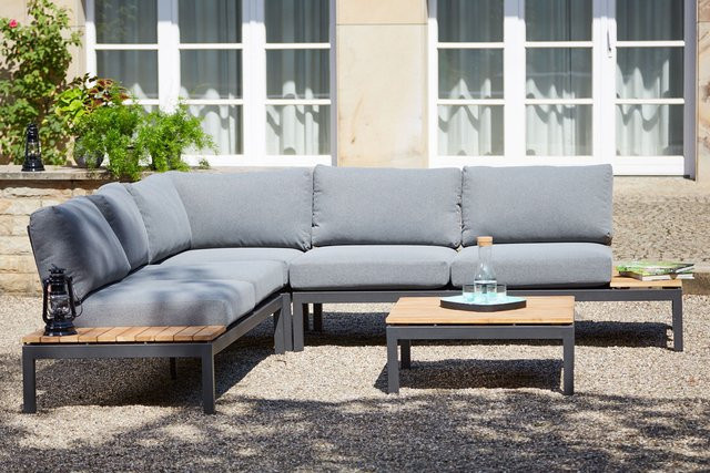 Siena Garden Alvida Lounge Set in Anthrazit und Grau mit Polstern, Aluminium, Teak und Textilene-Gewebe, Tisch Breite: 74 cm, Tiefe: 74 cm - Bild 1