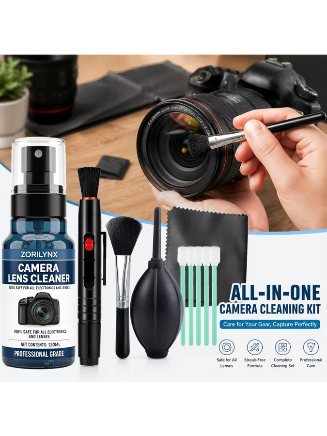 ZORILYNX Kamera-Reinigungsset mit 120ml Reinigungslösung, Luftgebläse, Objektivreinigungsstift, Bürste, Tuch und Sensor-Reinigungstupfer für DSLR und spiegellose Kameras - Bild 6