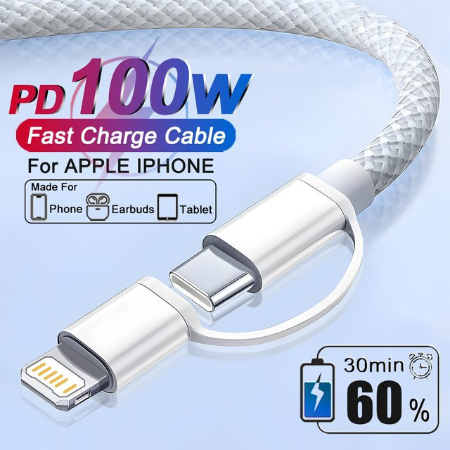 100 W USB-C Schnellladekabel für Apple iPhone in Weiß - Bild 1