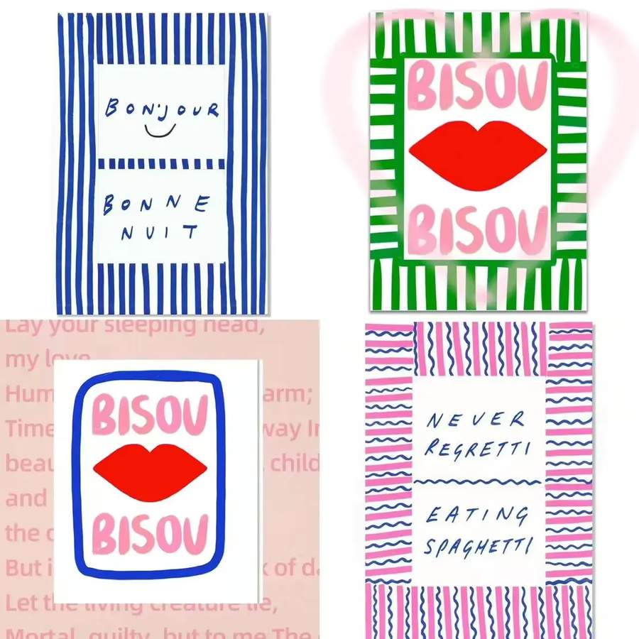 Potdemiel Wandkunst Bisou Bonjour Bonne Nuit Pink Boho Leinwandgemälde mit französischer Typografie - Bild 2
