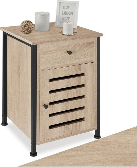 tectake Nachttisch im Industrial Style aus Holz und Stahl in Braun und Schwarz mit Schublade und Staufach, B/T/H: 40 x 42 x 60,5 cm - Bild 1