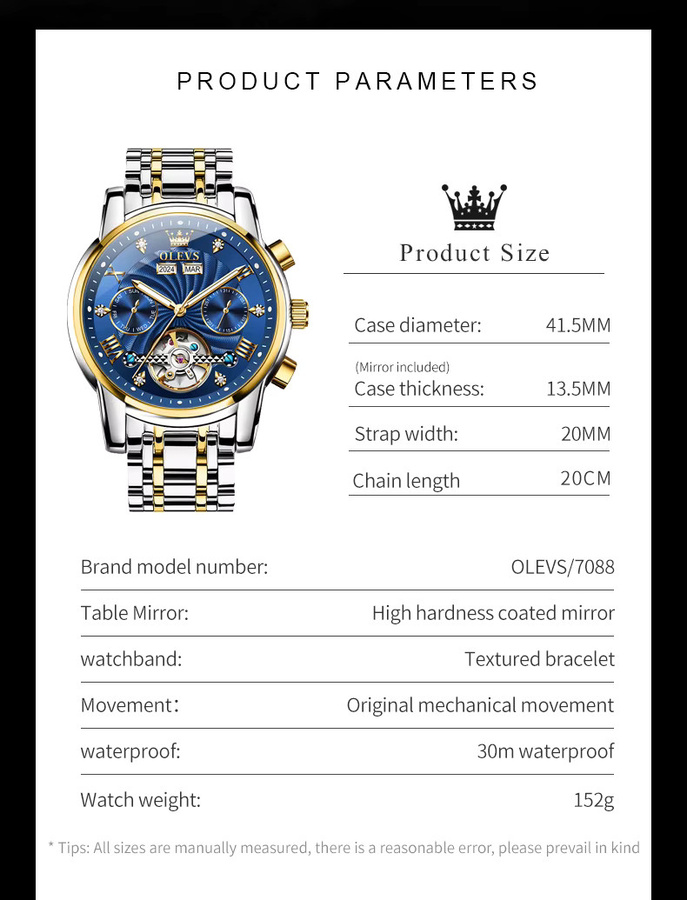 OLEVS Armbanduhr Automatik, Edelstahl, Bicolor, Blau, Herren - Bild 5