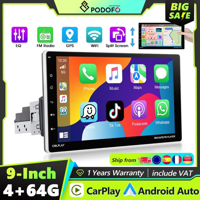 Podofo 9 Zoll Autoradio mit kabellosem Carplay, Android Auto, GPS-Navigation und Bluetooth in Schwarz - Bild 1