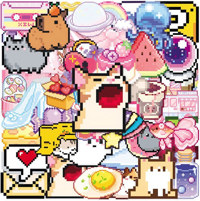 50 Stück wasserfeste Pixel-Spiel-Aufkleber im Kawaii-Mädchen-Katze-Design, bunt, ideal für Scrapbooking, Telefon und Skateboard - Bild 1