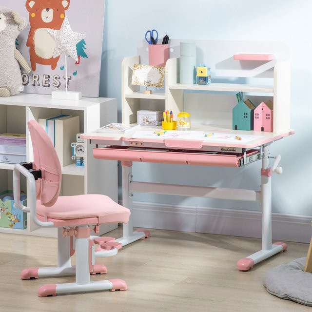 Svintora Kinder-Schreibtisch- und Stuhl-Set in Rosa, ergonomische Lernstation mit neigbarer Tischplatte, abnehmbarem Bücherregal und Schublade - Bild 1