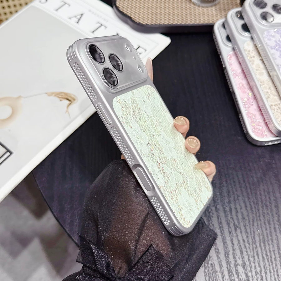 RPKKS Handyhülle mit Glitzer, Spitze und Blumenmuster für iPhone 17 16 15 14 Pro Max in Pink mit silbernem Rand, Linsenschutz und Wärmeableitung - Bild 2