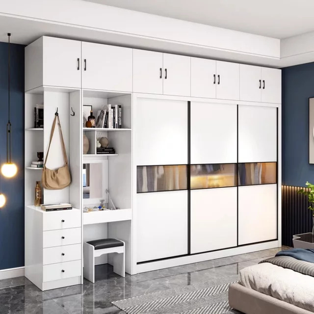 DUTRIEUX Kleiderschrank in Weiß mit Schiebetüren und internen Schubladen, moderner Schlafzimmerschrank aus MDF mit glänzender Oberfläche - Bild 1