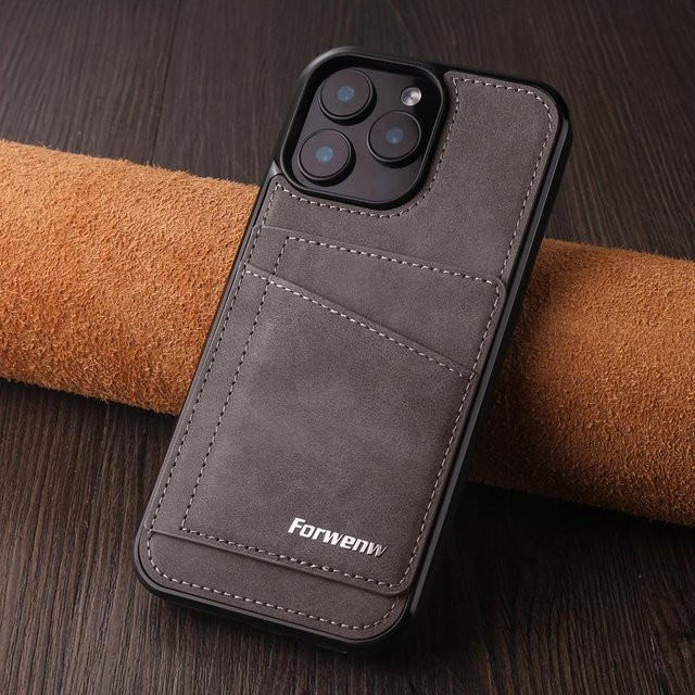 Ubasy Retro PU Leder Handyhülle mit Kartenfach und Ständer für Apple iPhone 16 15 14 13 12 11 Pro Max Plus mini in Grau - Bild 1