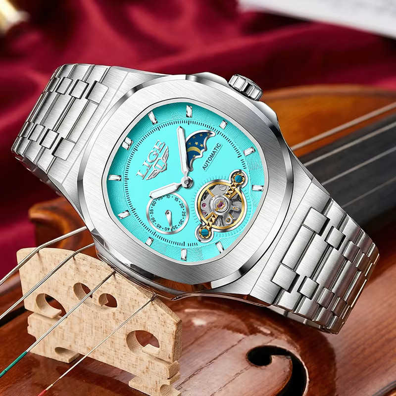 LIGE Armbanduhr, Automatik, Edelstahl, eckig, Herren, Silber, Blau - Bild 2