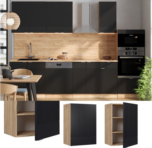 Vicco Hängeschrank Fame-Line Küchenschrank Eiche Schwarz gestreift mit Soft-Close-Scharnieren und Regalböden Breite: 50 cm - Bild 1