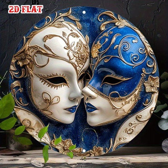 HELLOYOUNG Rundes Aluminiumschild im Venice-Design in Blau und Gold, Wanddekoration Durchmesser: 20 cm - Bild 1