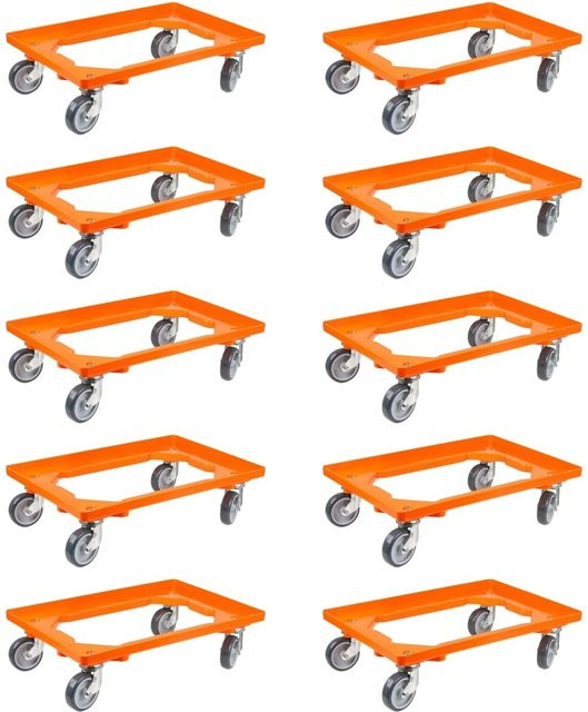 PROREGAL SparSet 10x Transportroller für Euroboxen in Orange mit Gummirädern, offenes Deck, 2 Lenkrollen und 2 Bockrollen, Traglast 300 kg, B/T: 60 x 40 cm - Bild 1