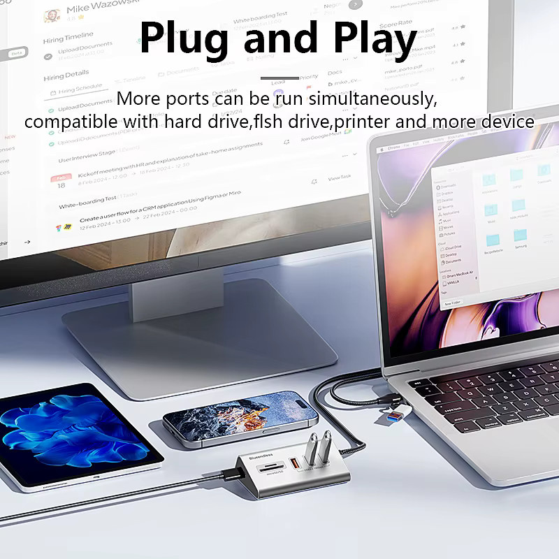 Blueendless 4-in-1 USB 3.2 Gen2 10Gbps Aluminium USB-C und USB-A Hub mit 5 Ports sowie TF-SD-Kartenleser in Silber für PC, Laptop und MacBook - Bild 4