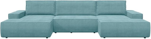 Vente-unique Schlafsofa Amelia in Türkisblau mit Cord-Bezug und Armlehnen, Breite: 358 cm - Bild 1