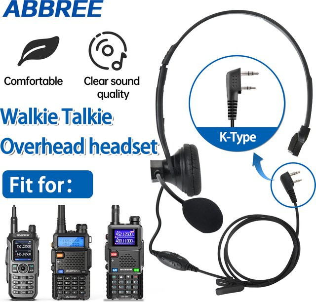 ABBREE Kopfmontierte Kopfhörer mit 2Pin K Stecker und PTT/VOX Mikrofon in Schwarz für Baofeng UV-5R UV-21 UV-5RH und Quansheng UV-K5 UV-K6 - Bild 1
