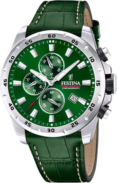 Festina Herrenuhr Chronograph, Quarz, Edelstahl, Leder, 45 mm, Grün - Bild 1