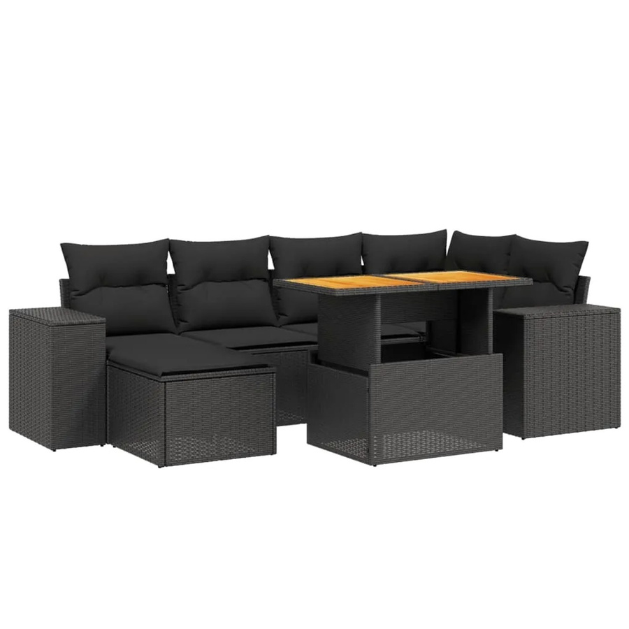 vidaXL 7-teilige Garten-Sofagarnitur in L-Form aus Poly-Rattan und Akazienholz in Schwarz mit UV-beständigen Kissen - Bild 2