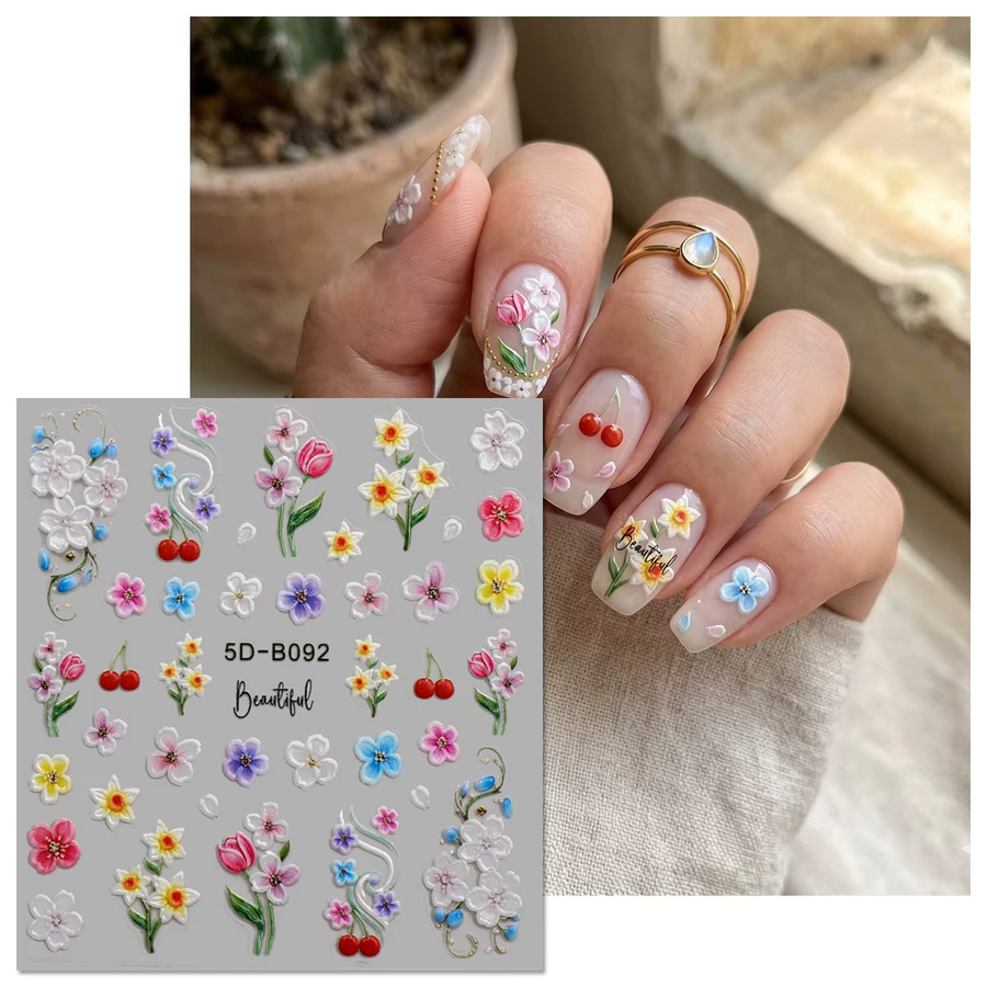 QIANJIKU Nagelaufkleber 5D, Katzen & Frühlingsblumen, Weiss - Bild 3