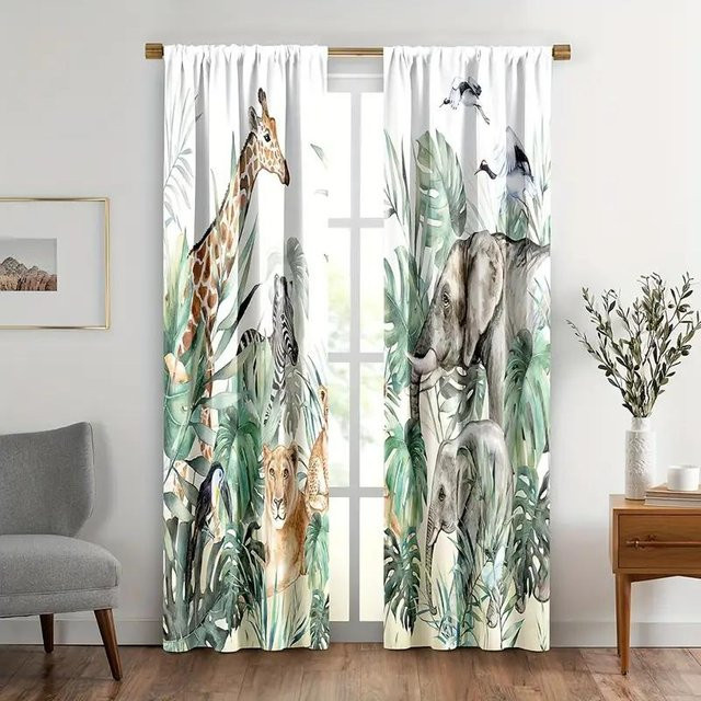 2er-Set Giraffen-Vorhänge mit Tier-Motiv in Grün und Multicolour, Breite: 210 cm, Höhe: 230 cm - Bild 1