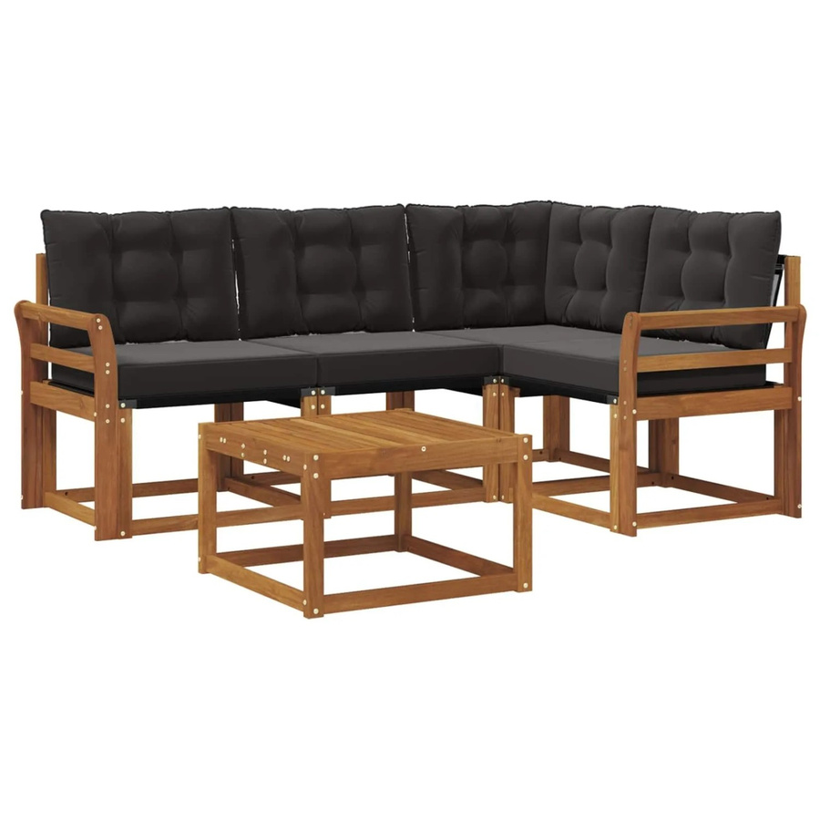 vidaXL Outdoor-Sofagarnitur aus Akazienholz in L-Form mit Kissen und Couchtisch, 5-teiliges Set in Braun und Schwarz - Bild 2