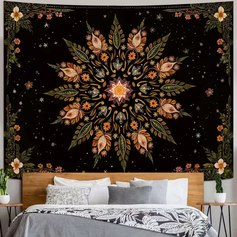 VIKAMA Bohemian Mandala Wandteppich mit floralem Print in Schwarz und Grün, rechteckiges Textil-Wandbild zur Dekoration - Bild 2