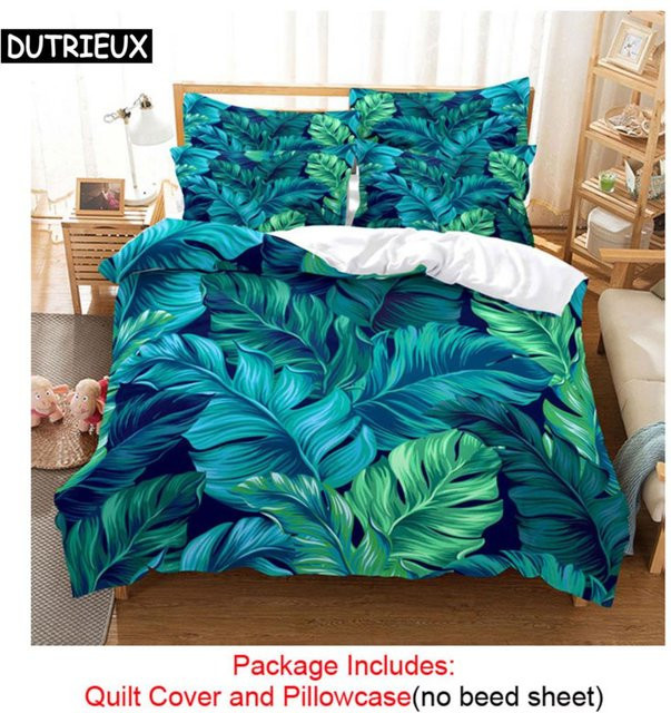 Binchi Fitness Bettwäscheset mit 3-teiligem Quilt Bettbezug und Kissenbezug in Grün mit floralem Natur-Design aus Mikrofaser - Bild 1
