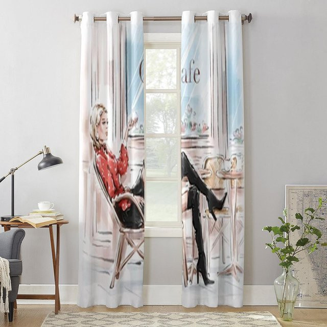 Super Six Vorhang mit handgezeichnetem Frauen-Motiv in Grau, semi-transparent, Breite: 135 cm, Höhe: 60 cm - Bild 1
