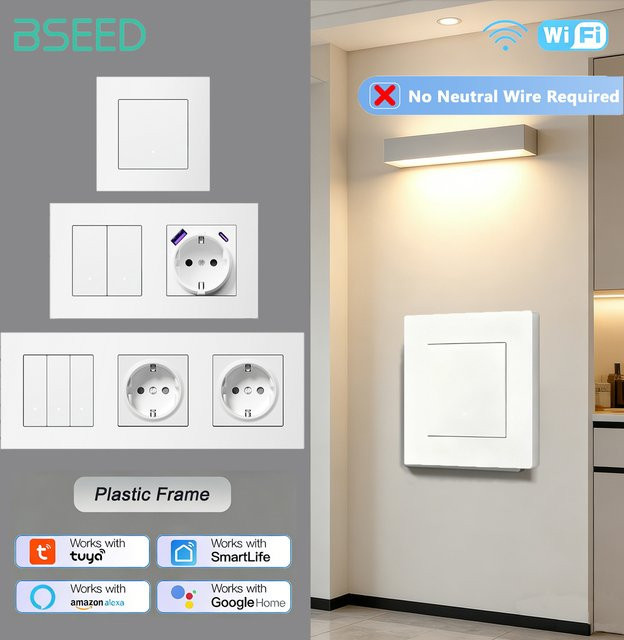 BSEED Smart WLAN Lichtschalter mit EU-Wandsteckdose, Tuya Smart Life kompatibel, 2-Wege Schalter ohne Neutralleiter, Kunststoffrahmen, Weiß - Bild 1