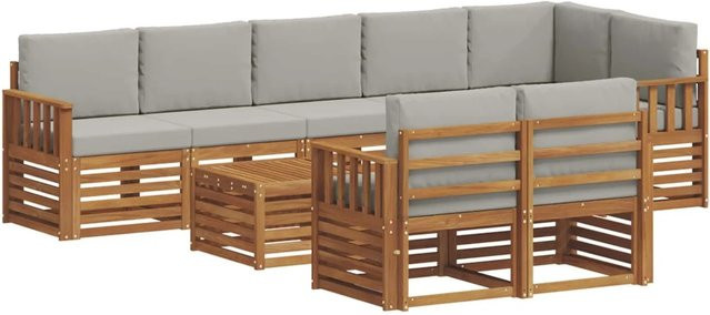 vidaXL Sofagarnitur 9-teilig in U-Form aus Massivholz Akazie mit hellgrauen Polstern und Latten-Design - Bild 1