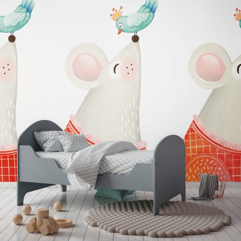Profhome Fototapete 391871 Heißgeprägte Vliestapete mit Tierprint für Kinder, Matt, Weiß Rot Blau Grau, B: 1,59 m x H: 2,8 m - Bild 1