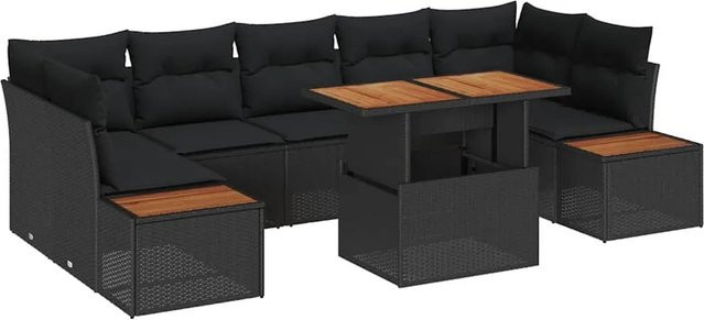 vidaXL Garten-Sofa-Set aus Polyrattan in Schwarz, 8-teiliges U-Shape Set mit Polsterkissen und Stauraumfunktion - Bild 1