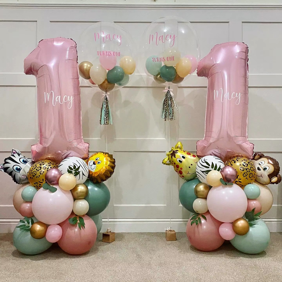 Wildtier Ballonturm mit rosa Tiergeschirr und Wild One Motiv für deine Dschungel-Geburtstagsparty für Mädchen in Pink und Multicolour - Bild 2