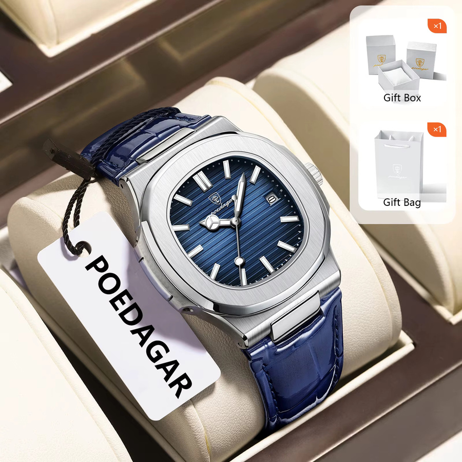 POEDAGAR Armbanduhr, Quarz, Edelstahl, Leder, Blau, Herren - Bild 2