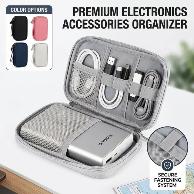XMSJ Tragbare Elektronik-Organizer-Reisetasche in Blau, wasserdichte doppellagige Tasche für digitales Zubehör, Kabel und Powerbanks - Bild 1