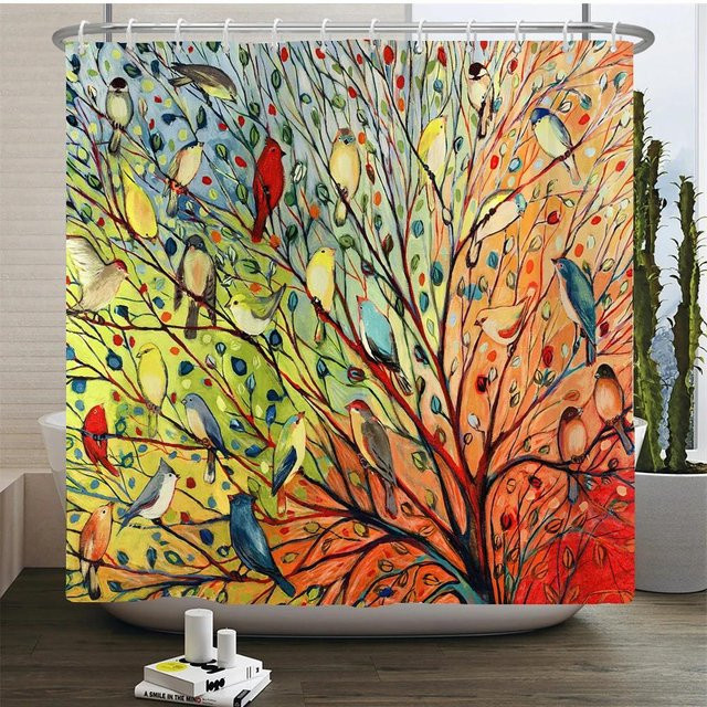 Wasserdichter Duschvorhang von Household supplies MH mit Blumen und Vögeln im chinesischen Stil, 3D-Druck, Multicolour, B/H: 90 x 180 cm - Bild 1