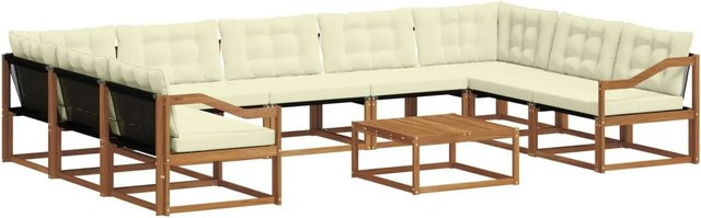 vidaXL Outdoor-Sofagarnitur aus massivem Akazienholz mit Textilene und Kissen, 10-teilig, Natur und Creme - Bild 1