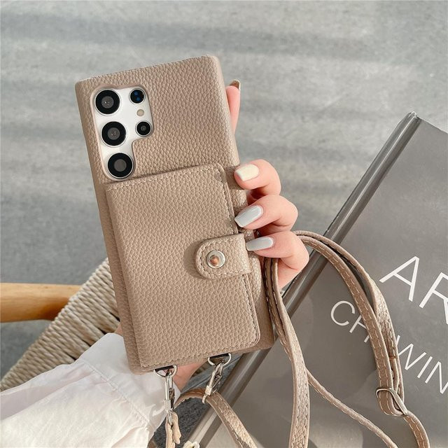 Luxuriöse Leder-Handyhülle mit Hals- und Schultergurt als Crossbody Wallet Lanyard für Samsung S23 Ultra, S22 Plus, S22 und S21 Plus 5G in Beige - Bild 1