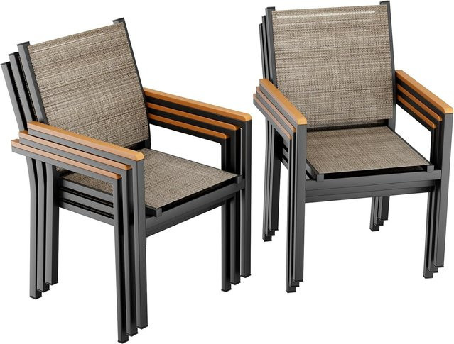 Homfa Gartenstuhl Set aus pulverbeschichtetem Aluminium mit Textilene und WPC-Armlehnen in Grau, stapelbare Terrassenstühle für Balkon und Garten - Bild 1
