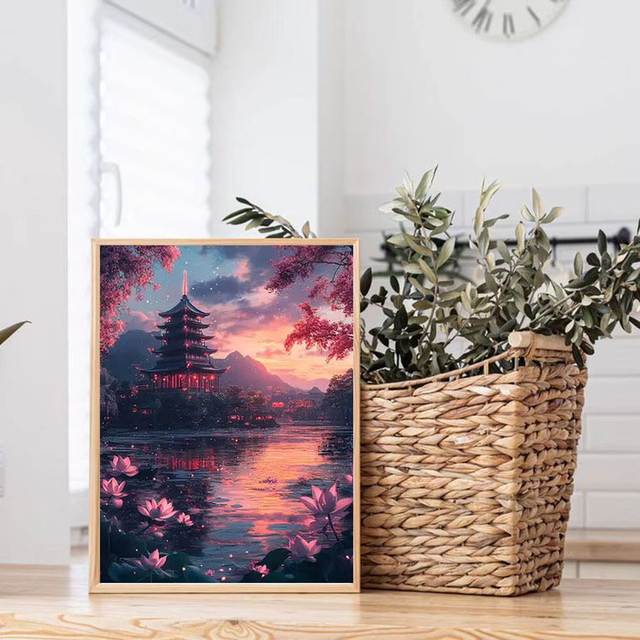 Huacan 5D DIY Diamantmalerei Lotusteich Sonnenuntergang Turm, Rundes Mosaik Bild mit Strass Steinen in Mehrfarbig, Wanddekoration Floral Orientalisch - Bild 3