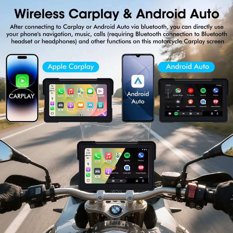 Jansite 7 Zoll Motorrad Dashboard mit drahtlosem CarPlay und Android Auto, tragbarer GPS Navigation Bildschirm in Schwarz für BMW R1200GS R1250GS S1000XR mit Bluetooth - Bild 3