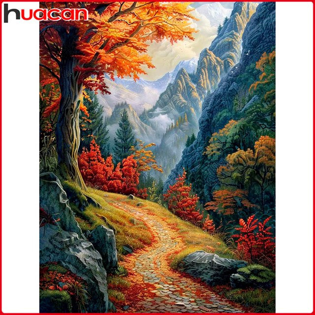 Huacan Diamantmalerei Landschaft Herbst Berg Baum als dekoratives Mosaik-Gemälde mit Rundbohrern, Mehrfarbig, B: 30,0 cm, H: 20,0 cm - Bild 1