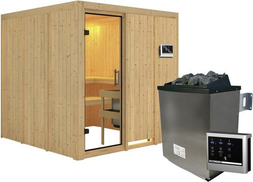Karibu Sauna Valga aus Fichtenholz in Beige inklusive 9 kW Saunaofen mit externer Steuerung für 4 Personen, B/T/H: 196 x 198 x 196 cm - Bild 1