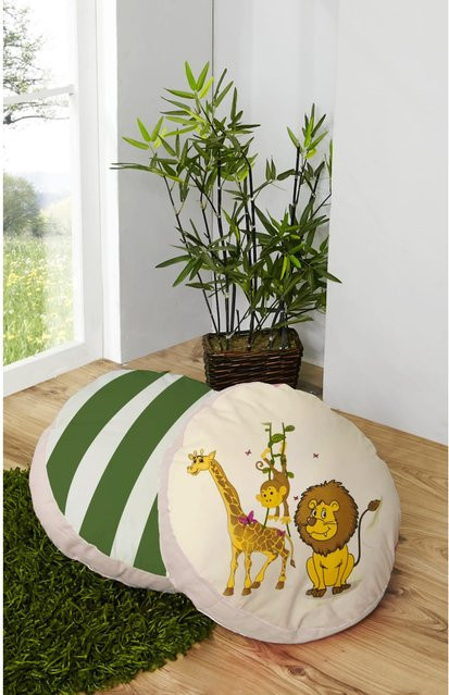 TiCAA 2-teiliges rundes Kissen-Set für Kinderzimmer mit Tiermotiven in Grün und Multicolour, Durchmesser: 40 cm, aus Baumwolle - Bild 1