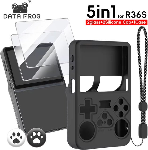 DATA FROG Silikon-Schutzhülle für die R36S-Konsole mit Displayschutz aus gehärtetem Glas in Schwarz und Transparent - Bild 1