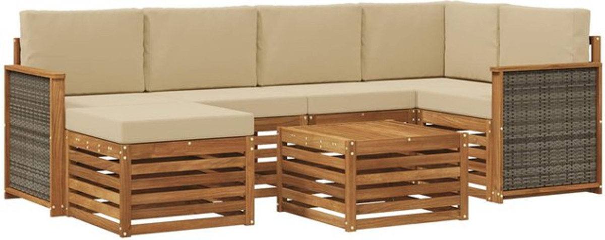 Modernes Ecksofa Set 6-teilig aus massivem Akazienholz und Polyester von vidaXL in Natur, Weiß und Beige - Bild 1