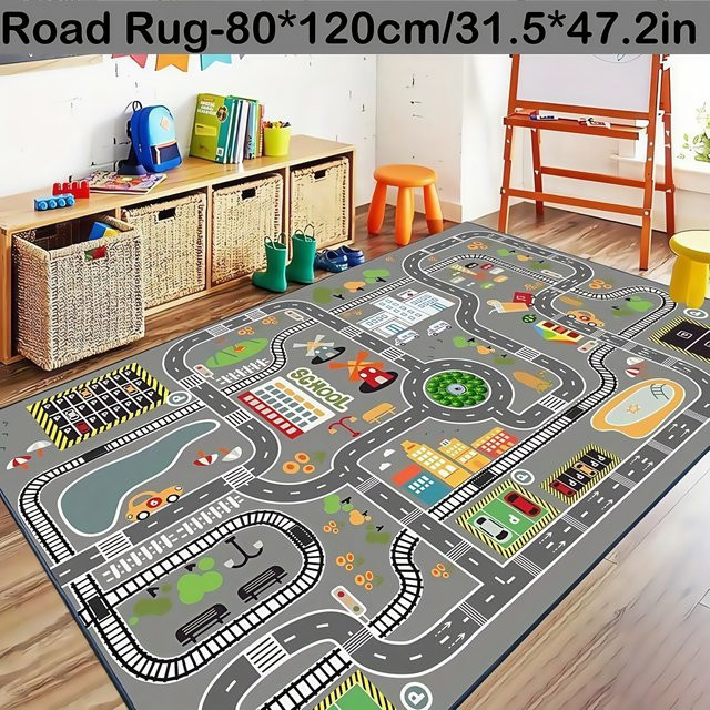 VIKAMA Auto-Spielmatte für Kinder mit Stadtbild-Motiv, bunter Teppich mit Straßen und Gebäuden, Mehrfarbig - Bild 1