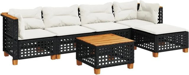 vidaXL 6-teilige Garten-Sofagarnitur aus Poly-Rattan und Akazienholz in Schwarz mit cremeweißen Kissen - Bild 1
